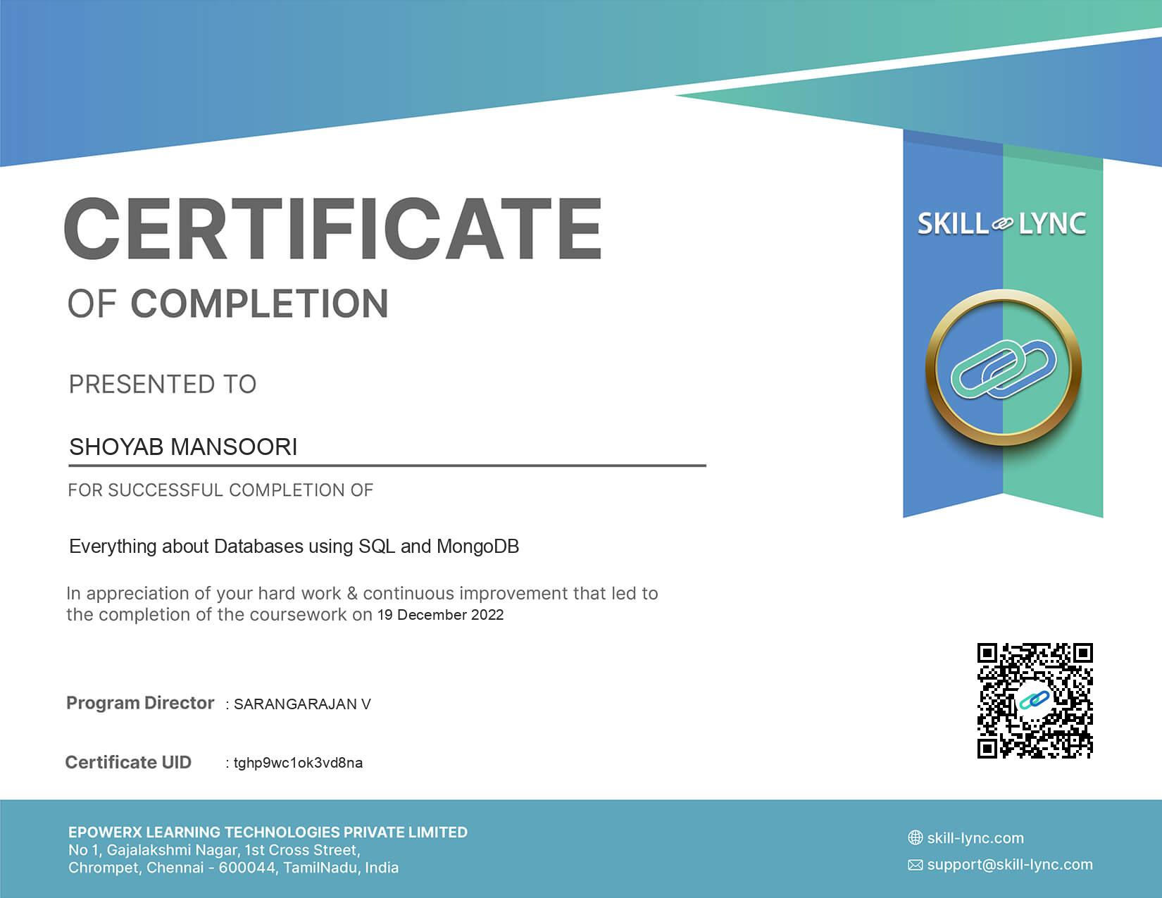Shoyab Mansoori SQL and MongoDB Database Management Certificate